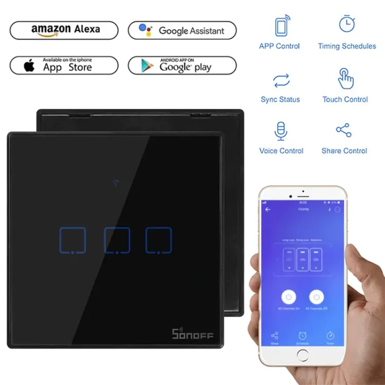 SONOFF WiFi Smart Wall Touch Switch T2 UK 3 Gang- Compatible With Alexa, Google Assistant